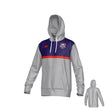 The Teamatical CenCal Rugby Canterbury Legacy Performance Hoodie features a gray body, blue upper section, red stripe, white drawstrings, front pocket, chest logo, and is shown from both front and back.