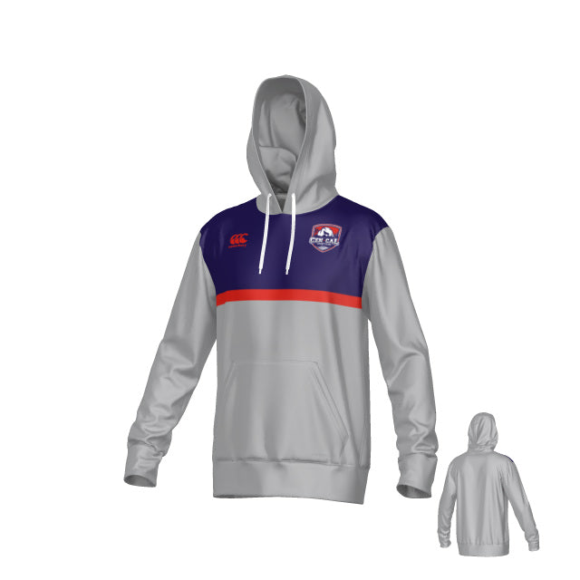 The Teamatical CenCal Rugby Canterbury Legacy Performance Hoodie features a gray body, blue upper section, red stripe, white drawstrings, front pocket, chest logo, and is shown from both front and back.