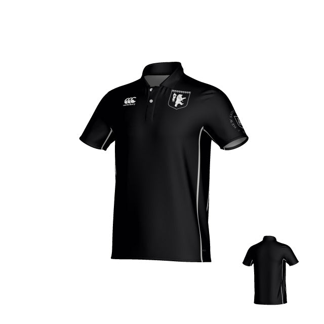 Teamatical New Saint Andrews College Malta Canterbury Kirra Performance Polo in black, featuring white accents, an embroidered logo on the left chest, and white embroidered symbols on the right chest and left sleeve. Back view displayed in the corner.