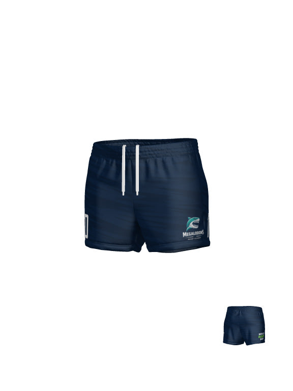 Front and back views of navy blue NCRA Megalodon Player Bundle - Womens athletic shorts featuring a white drawstring and a Megalodons logo on the leg.