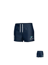 Front and back views of navy blue NCRA Megalodon Player Bundle - Womens athletic shorts featuring a white drawstring and a Megalodons logo on the leg.
