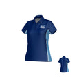 Introducing the Teamatical Play Rugby USA DNA Performance Polo for women: a navy blue short-sleeve polo shirt featuring light blue side panels, a classic collar with buttons, and the “Play Rugby” logo on the left chest. Crafted from moisture-wicking fabric for all-day comfort, this performance polo also includes an inset of the back view on the bottom right.