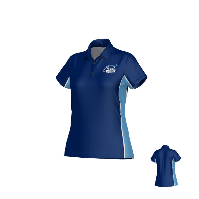 Introducing the Teamatical Play Rugby USA DNA Performance Polo for women: a navy blue short-sleeve polo shirt featuring light blue side panels, a classic collar with buttons, and the “Play Rugby” logo on the left chest. Crafted from moisture-wicking fabric for all-day comfort, this performance polo also includes an inset of the back view on the bottom right.