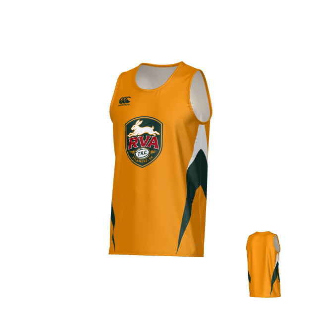 The Teamatical RVA T.R.C Canterbury Hunter Performance Singlet is a sleeveless yellow rugby top crafted from breathable fabric, featuring green and white side accents for added style. The front showcases a striking leaping kangaroo logo alongside the “RVA” text. Engineered with durable construction for lasting wear. Smaller rear view displayed on the right.