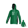 New Saint Andrews College Jericho Canterbury Kirra Performance Hoody by Teamatical, featuring a green design with white drawstrings, black side panels, and a white graphic crest on the front; includes both front and back views.
