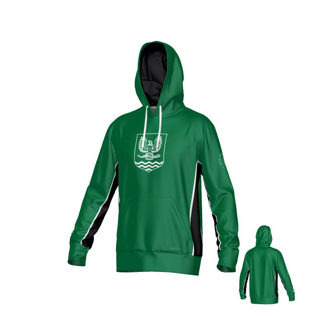 New Saint Andrews College Jericho Canterbury Kirra Performance Hoody by Teamatical, featuring a green design with white drawstrings, black side panels, and a white graphic crest on the front; includes both front and back views.