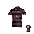 The Teamatical Sacramento RFC 7s Kaha Test Fit Jersey features maroon and black stripes, a collar, sponsor logos on the front, and the number 25 on the back.