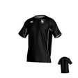 New Saint Andrews College Malta Canterbury Kirra Performance Tee by Teamatical, featuring a black athletic design with white side piping, short sleeves, and two white chest logos, displayed from both front and back angles on a plain background.