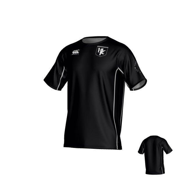 New Saint Andrews College Malta Canterbury Kirra Performance Tee by Teamatical, featuring a black athletic design with white side piping, short sleeves, and two white chest logos, displayed from both front and back angles on a plain background.