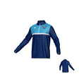 The Villanova Rugby Canterbury Legacy Midlayer 1/4 Zip by Teamatical features navy and light blue long sleeves, a quarter zip, and an embroidered crest on the chest; front and back views displayed.