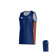 New Saint Andrews College Canterbury Kirra Performance Singlet by Teamatical—blue sleeveless athletic jersey featuring orange side panels, a white logo on the chest, and branded detailing on the right shoulder. Front and back views are displayed on a white background.