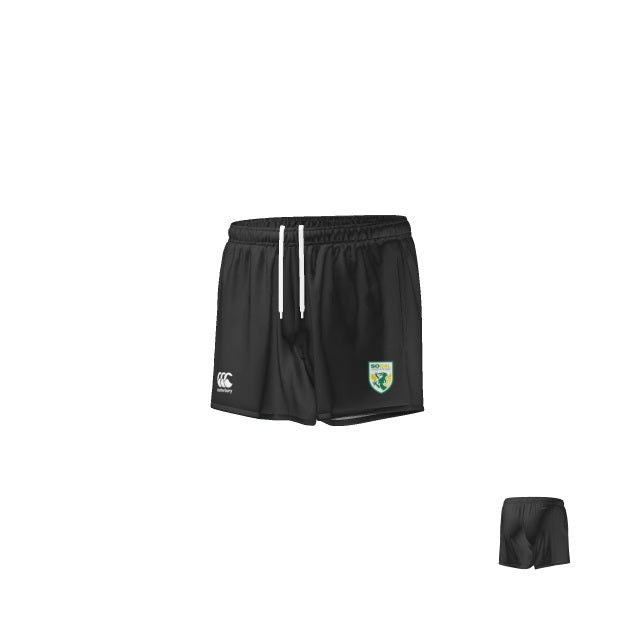 The SOCAL CANTERBURY MENS REFEREE SHORT by Teamatical features black fabric, a white drawstring, a logo on the left leg, and an emblem on the right leg, shown from both front and back views.