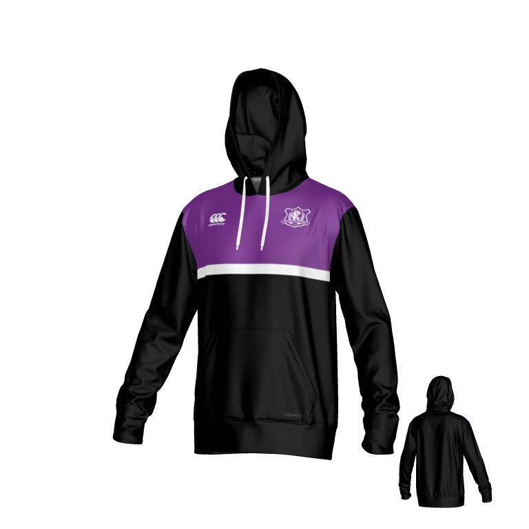 Western Carolina University Canterbury Legacy Performance Hoody in black and purple with white trim, featuring a chest logo and a secondary view of the back.