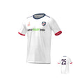 The Teamatical MENS MAKA JERSEY REGULAR is a white rugby jersey featuring a navy collar, red sleeve cuffs, front sponsor logos, chest crest, and the number 25 in navy on the back.