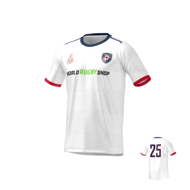 The Teamatical MENS MAKA JERSEY REGULAR is a white rugby jersey featuring a navy collar, red sleeve cuffs, front sponsor logos, chest crest, and the number 25 in navy on the back.