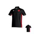 Godzilla Rugby Canterbury Kirra Performance Polo in black by Teamatical, featuring red side panels, white logos on the chest, and a lion crest on the left side; back view included.