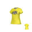 The Teamatical Winchester Cannons Sydney Performance Tee for women is shown in yellow, featuring a "Winchester Cannons" crest with two lions and a shield on the front; displayed from both front and back angles.