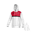 The Teamatical Northeastern University Men's Rugby Canterbury Legacy Performance Hoodie features white and red colors, a black stripe, kangaroo pocket, small chest logos, and includes a rear view image.