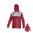 Teamatical Troy University Canterbury Legacy Performance Hoody in red and gray, featuring a black stripe across the chest, white drawstrings, front pocket, and a small Troy University team logo on the left chest. Back view also shown.