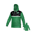 The Zionsville Rugby Canterbury Legacy Training Hoodie by Teamatical features green and black colors, a white horizontal stripe, kangaroo pocket, team logo on the left chest, and is shown from front and back views.