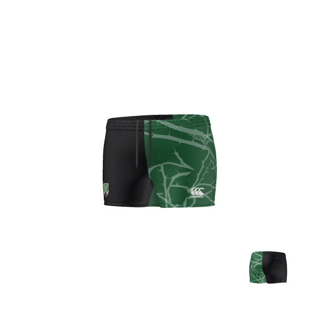 The Teamatical Thorns Rugby 20th Anniversary WOMENS YOKOHAMA SHORT features green and black colors, a white abstract branch pattern, logo on the left thigh, and a drawstring waist.
