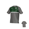 The Teamatical Birmingham Steel Rugby Canterbury Legacy Performance Tee features short sleeves, a gray body, dark green chest panel, white stripe, and front logos. Back view included.