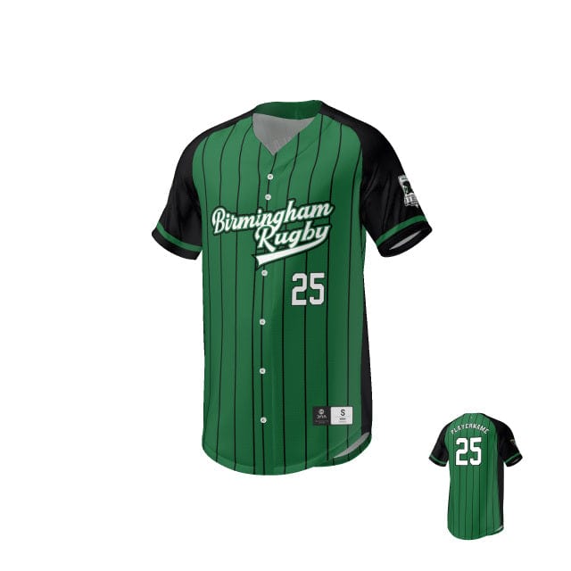 Green and black striped rugby jersey with the text "Birmingham Rugby" and the number 25 displayed on the front and back. had been replaced with Birmingham Rugby Baseball Jersey - Green/Black by Teamatical.