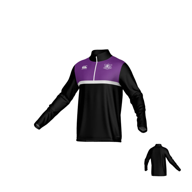 Front and back view of a black and purple Western Carolina University Canterbury Kirra Mid-layer 1/4 Zip, featuring a small white stripe across the chest.
