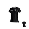 New Saint Andrews College Malta Womens CCC Raglan Training Tee: a black short-sleeve athletic shirt with white side panels, a logo on the right chest, a crest on the left chest, and an inset back view.