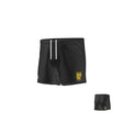 The Teamatical Arkansas Gryphons Yokohama Match Shorts are black athletic shorts with a white drawstring and a yellow crest with text on the left leg, shown from front and back views.