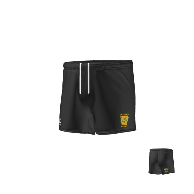 The Teamatical Arkansas Gryphons Yokohama Match Shorts are black athletic shorts with a white drawstring and a yellow crest with text on the left leg, shown from front and back views.