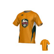 The Teamatical RVA T.R.C Canterbury Hunter Performance Tee is a short-sleeve orange sports jersey with black and green accents, featuring moisture-wicking fabric and an RVA TRC logo with a leaping rabbit on the chest; the back view is plain.