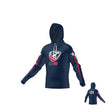 The Teamatical USAWR TRAINING HOODY features a navy blue design with a USAWR logo on the front, red and white sleeve stripes, and "USA" in white on the back.