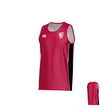 The Teamatical New Saint Andrews College Ashdown Canterbury Kirra Performance Singlet features a sleeveless red design with black side panels, a white Teamatical logo on the right chest, and the New Saint Andrews College emblem on the left chest. The back view displays a plain red panel complemented by black sides.