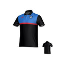 The Teamatical Mudsock Rugby Canterbury Legacy Performance Polo features short sleeves, a black lower half, blue upper chest and shoulders, a red horizontal stripe, and a sports team logo on the left chest. Back view shown in a smaller image.