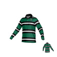The Teamatical Birmingham Vulcans DNA LS Pique Polo Shirt features green, black, and white stripes, a black collar, and a crest logo on the left chest. Back view shown. Inspired by classic Vulcans polo designs.