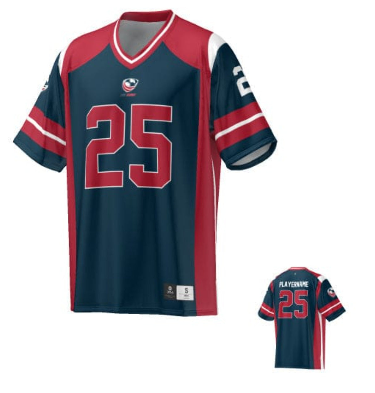 A navy blue and red USA Rugby American Football Jersey with the number 25 prominently displayed, featuring a V-neck and striped sleeves by Teamatical.