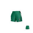 Teamatical WOMENS COACHES SHORT—green athletic shorts featuring a team logo on the left leg, a flat front waistband, and an ultra-stretchy short design for maximum comfort. Shown on a white background with a smaller duplicate image in the lower right corner.