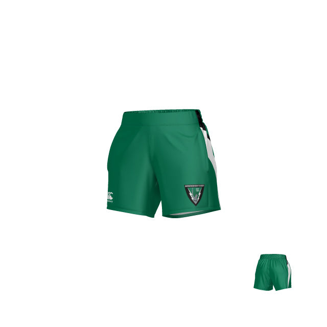 Teamatical WOMENS COACHES SHORT—green athletic shorts featuring a team logo on the left leg, a flat front waistband, and an ultra-stretchy short design for maximum comfort. Shown on a white background with a smaller duplicate image in the lower right corner.