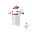 The Teamatical Cornell Rugby Canterbury Kaha Test Jersey is a white short-sleeve shirt with red collar/cuffs, "CORNELL" and crest on the front, and "PLAYERNAME 25" on the back.