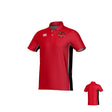 Godzilla Rugby Canterbury Kirra Performance Polo by Teamatical in red, featuring black side panels, a Godzilla team logo on the left chest, and a white Canterbury logo on the right chest; displayed from both front and back views.