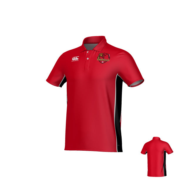Godzilla Rugby Canterbury Kirra Performance Polo by Teamatical in red, featuring black side panels, a Godzilla team logo on the left chest, and a white Canterbury logo on the right chest; displayed from both front and back views.