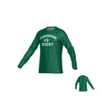 The Birmingham Vulcans Text DNA Sydney LS Crew Tee by Teamatical is a green long-sleeve shirt with "Birmingham Rugby" in white on the front, UPF 50 protection, and moisture management for all-day comfort. Front and back views shown.