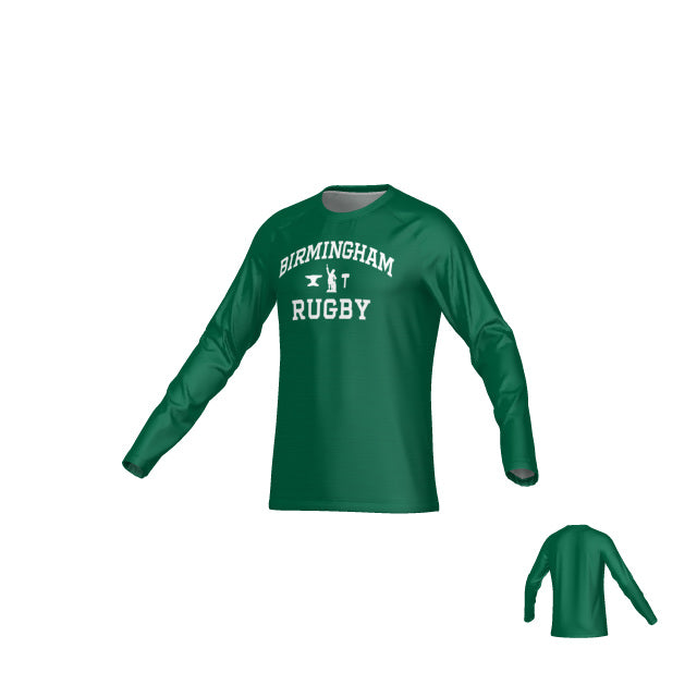 The Birmingham Vulcans Text DNA Sydney LS Crew Tee by Teamatical is a green long-sleeve shirt with "Birmingham Rugby" in white on the front, UPF 50 protection, and moisture management for all-day comfort. Front and back views shown.