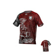 Teamatical Troy University Mens ECO-SUBLIMATE SS RAGLAN TEE in maroon and grey with a large Trojan warrior graphic on the front and text and imagery on the back.