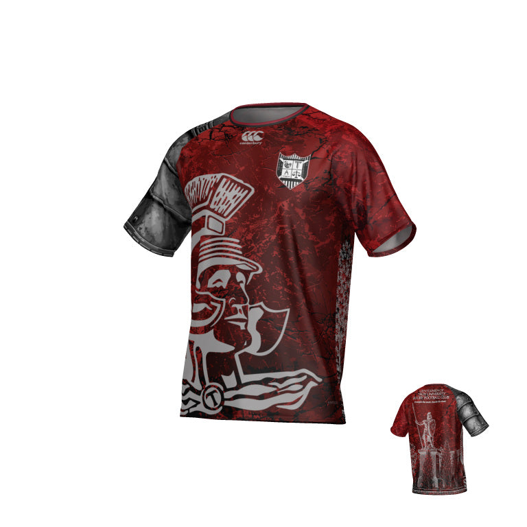 Teamatical Troy University Mens ECO-SUBLIMATE SS RAGLAN TEE in maroon and grey with a large Trojan warrior graphic on the front and text and imagery on the back.