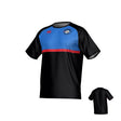 The Mudsock Rugby Canterbury Legacy Performance Tee by Teamatical features short sleeves, a black body, blue upper chest, red horizontal stripe, and a circular team logo on the left chest; rear view is displayed in a smaller image.