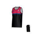 The Teamatical Portland RFC Canterbury Legacy Performance Singlet is a sleeveless athletic tank with a black body, pink upper chest, blue horizontal stripe, front logos, and plain back.