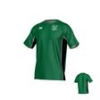 The New Saint Andrews College Jericho Canterbury Kirra Performance Tee by Teamatical features a green short-sleeve athletic design with black side panels, white logos on the chest, and a small image of the back of the shirt displayed in the lower right corner.