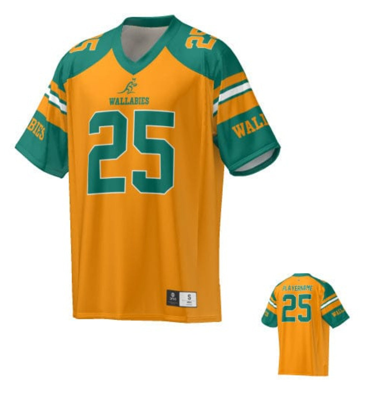 Green and gold Wallabies American Football jersey from Teamatical, with the number 25 and "Wallabies" text, displayed in two sizes front and back view.